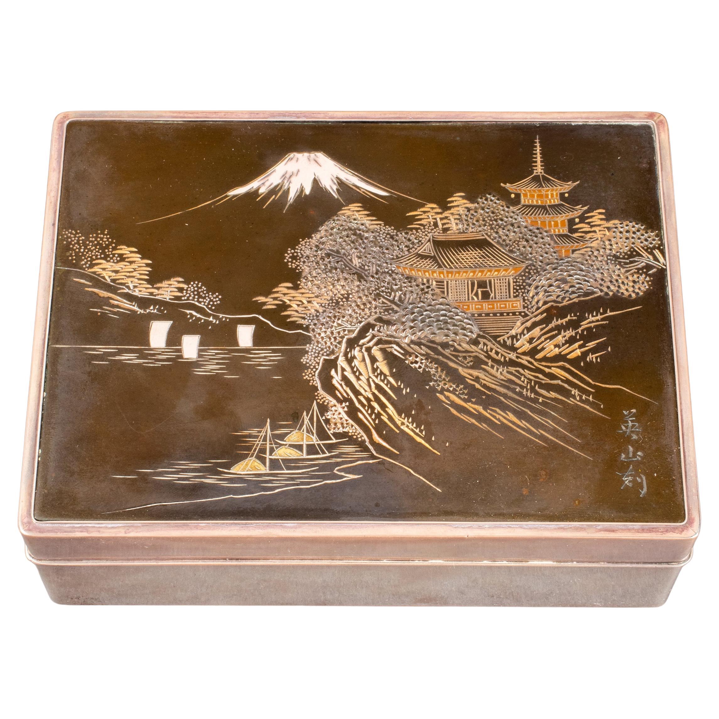 Sterling Silver Wood Dresser Box with Mixed Metal Lid Depicting Japanese Scene