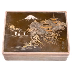Sterling Silver Wood Dresser Box with Mixed Metal Lid Depicting Japanese Scene