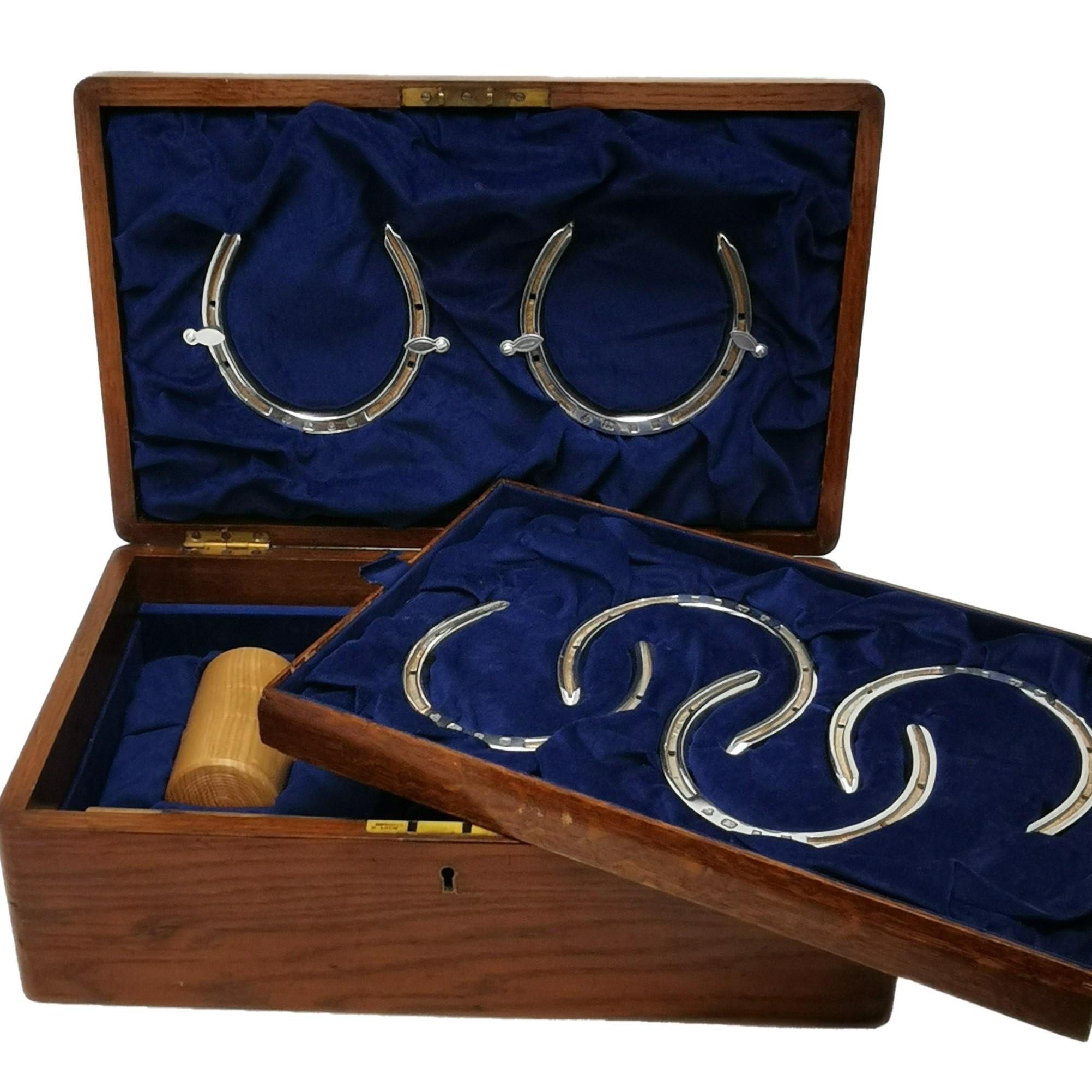 English Sterling Silver & Wood Horseshoes Set Boxed 1996 Horse Shoe Toss Game Set