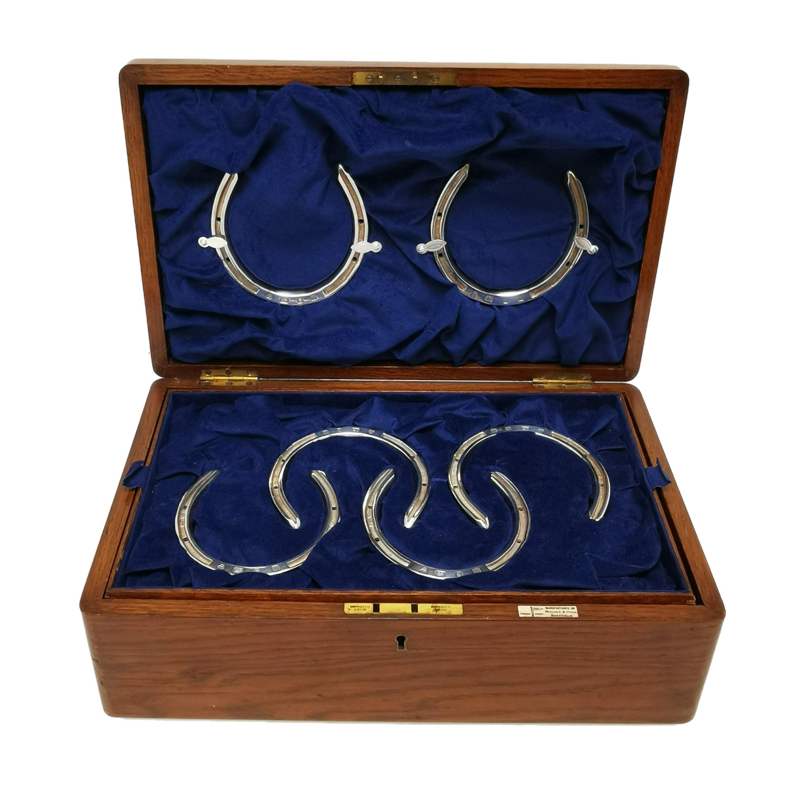 Sterling Silver & Wood Horseshoes Set Boxed 1996 Horse Shoe Toss Game Set In Good Condition In London, GB