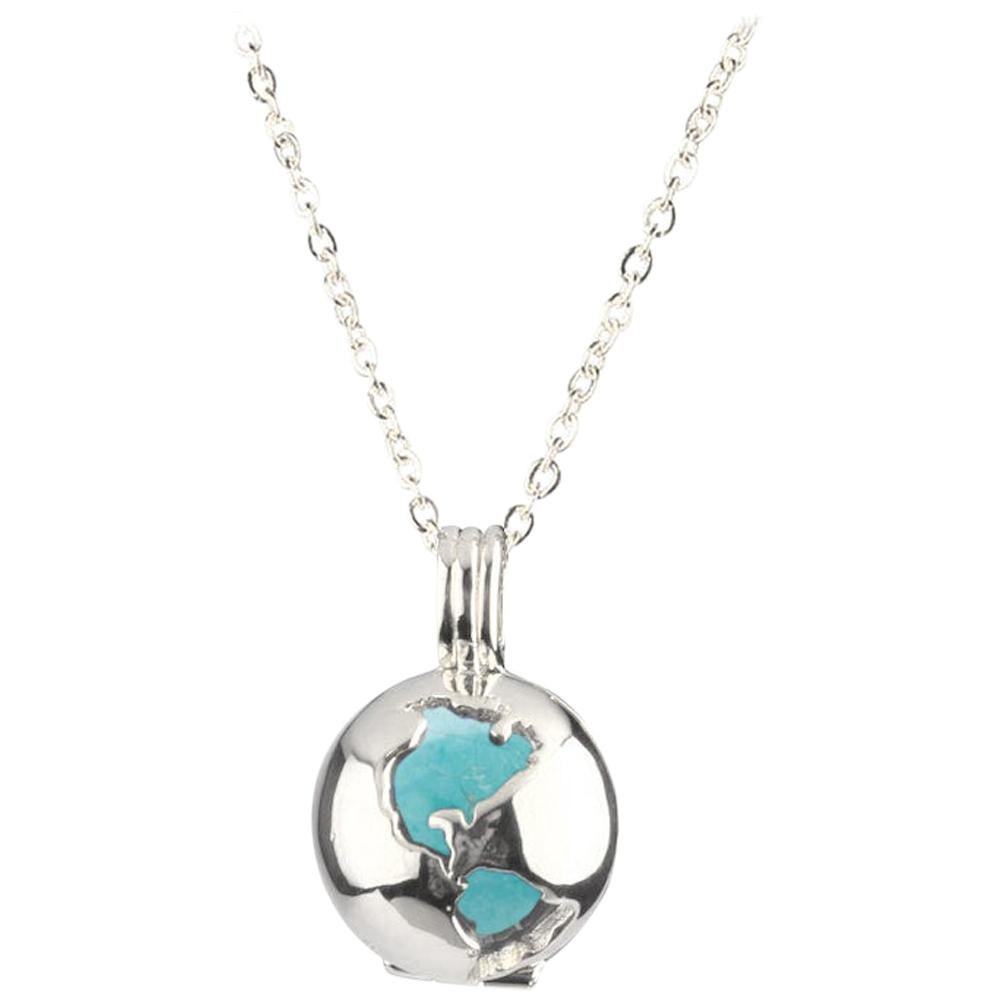 Sterling Silver World Globe Locket - Turquoise For Sale