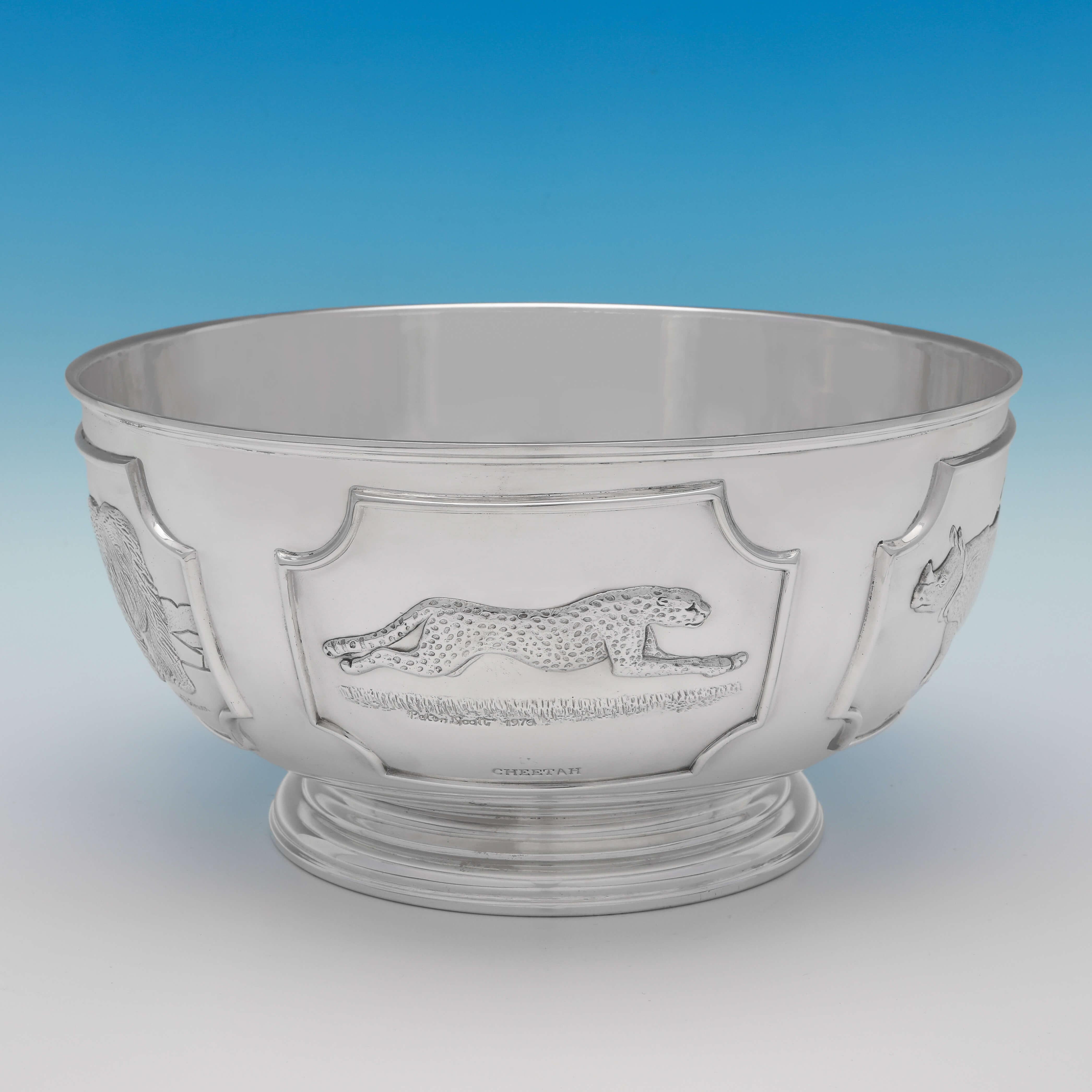 Hallmarked in London in 1977 by Tessiers, this attractive, sterling silver bowl, is edition number 117 of a limited edition of 2000 produced by Tessiers of Bond Street, who were commissioned to produce them by the World Wildlife Fund. 
The bowl