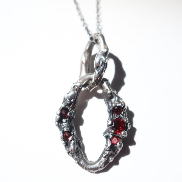 Sterling Silver Worn Garnet Encrusted Link Pendant For Sale at 1stDibs