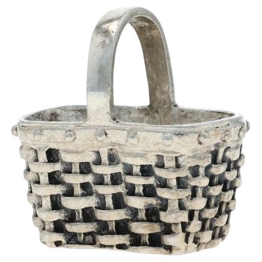 Sterling Silver Woven Basket Charm - 925 Picnic For Sale