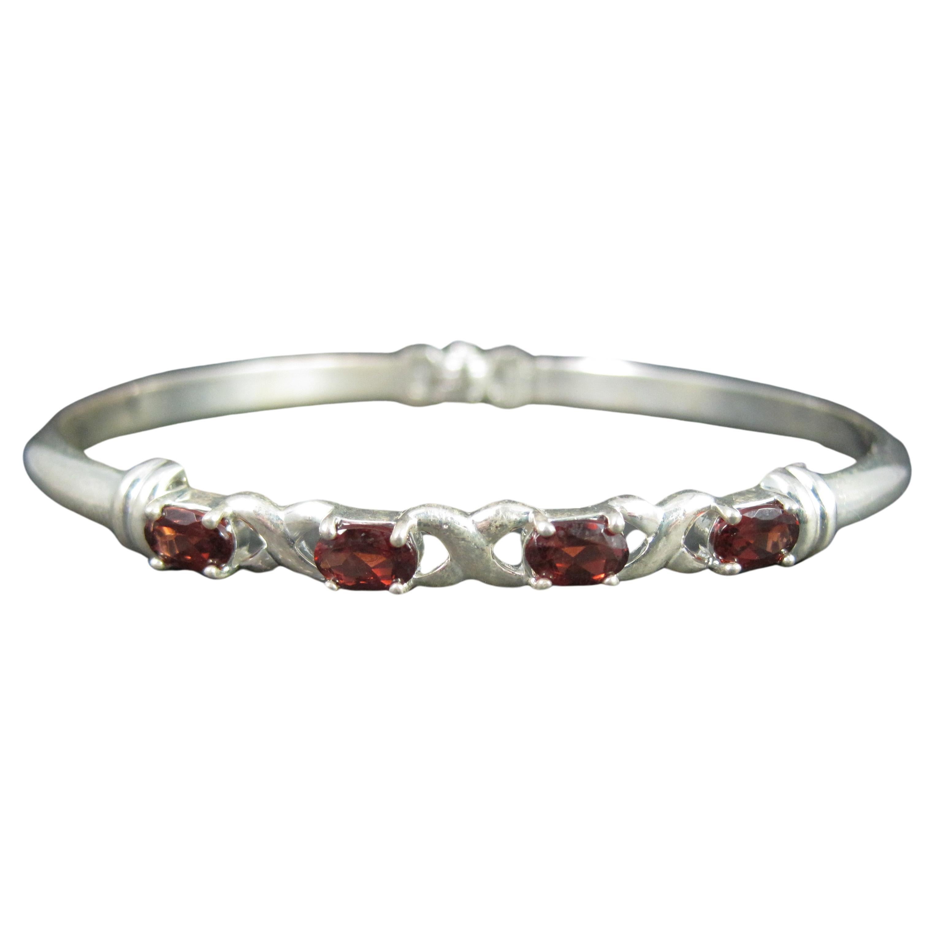 Sterling Silver XO Garnet Bangle Bracelet 7.5 Inches