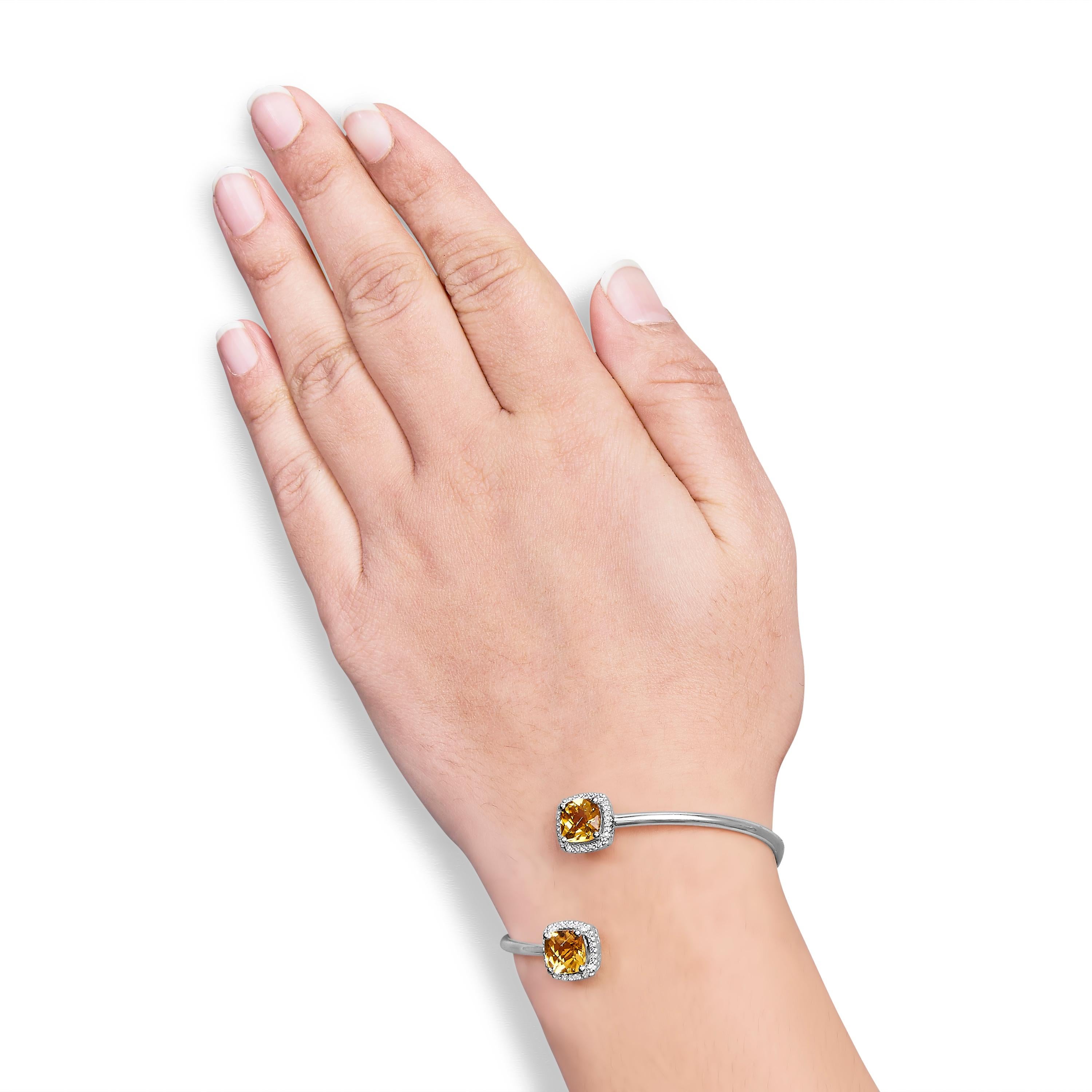 Taglio cuscino Bracciale bypass in argento sterling con gemma citrina gialla e accenti di diamanti in vendita