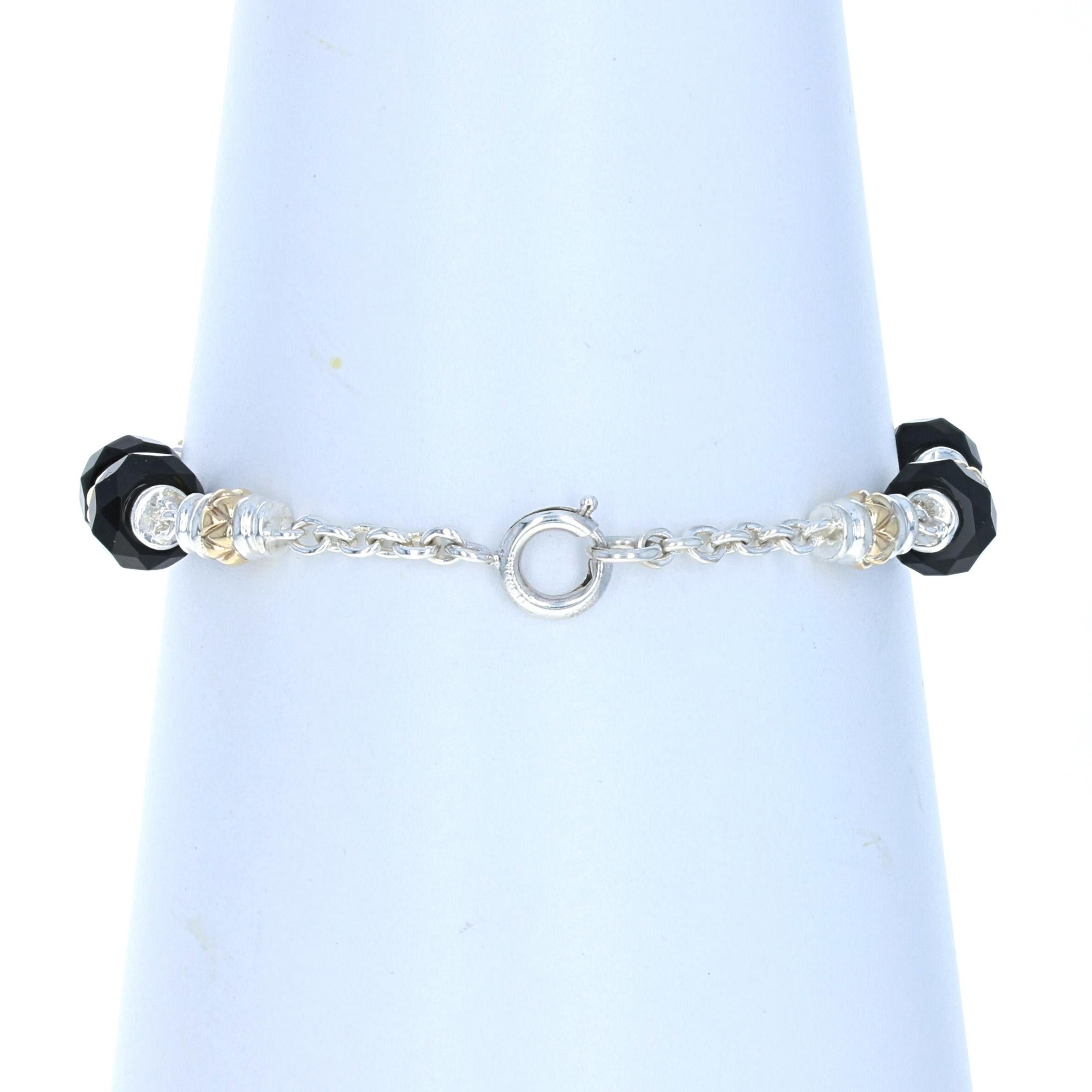 Women's Sterling Silver & Yellow Gold Onyx Link Bracelet, 925 & 14k Rondelles