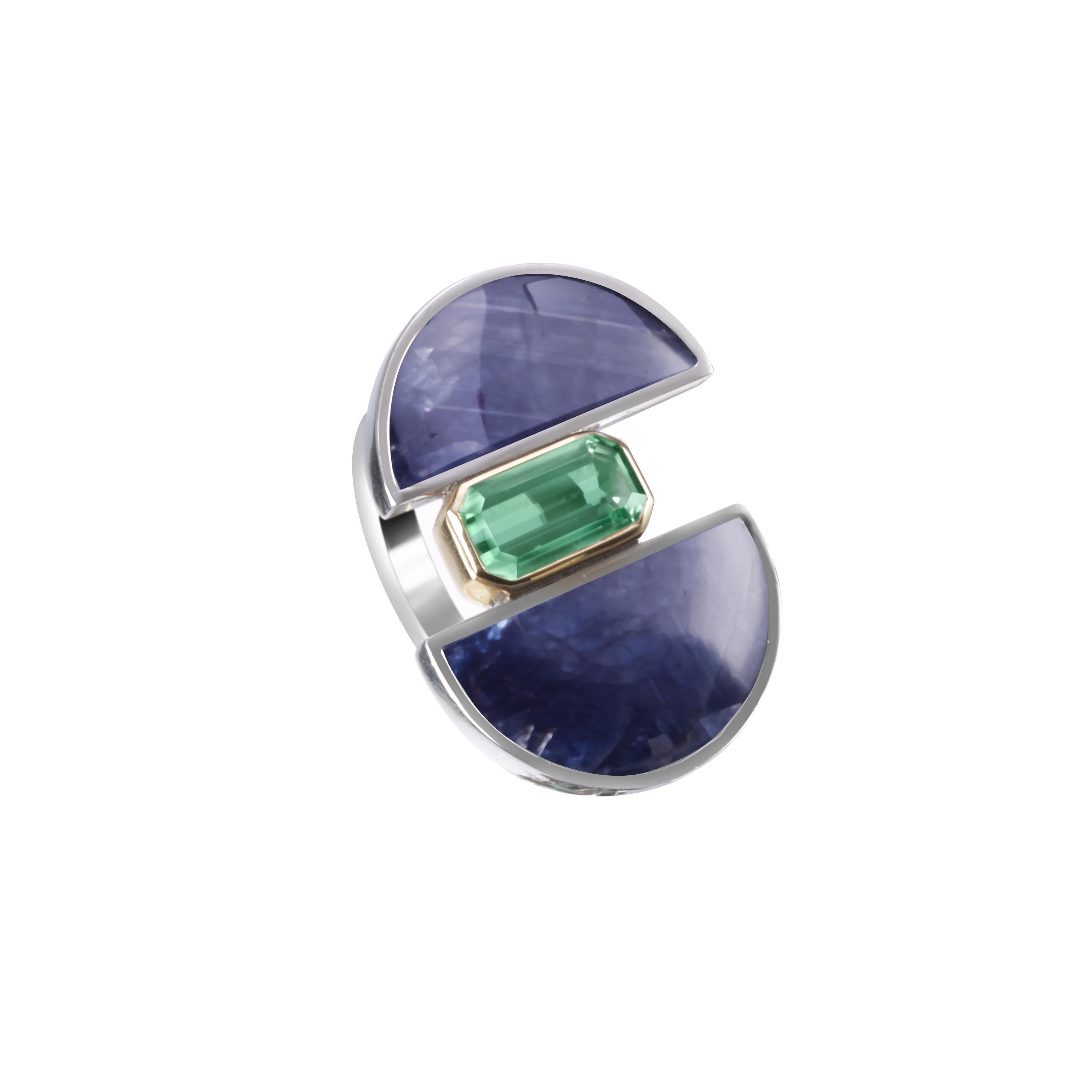 Contemporary Sterling Silver Yellow Gold Sapphire and Green Tourmaline cocktail Ring