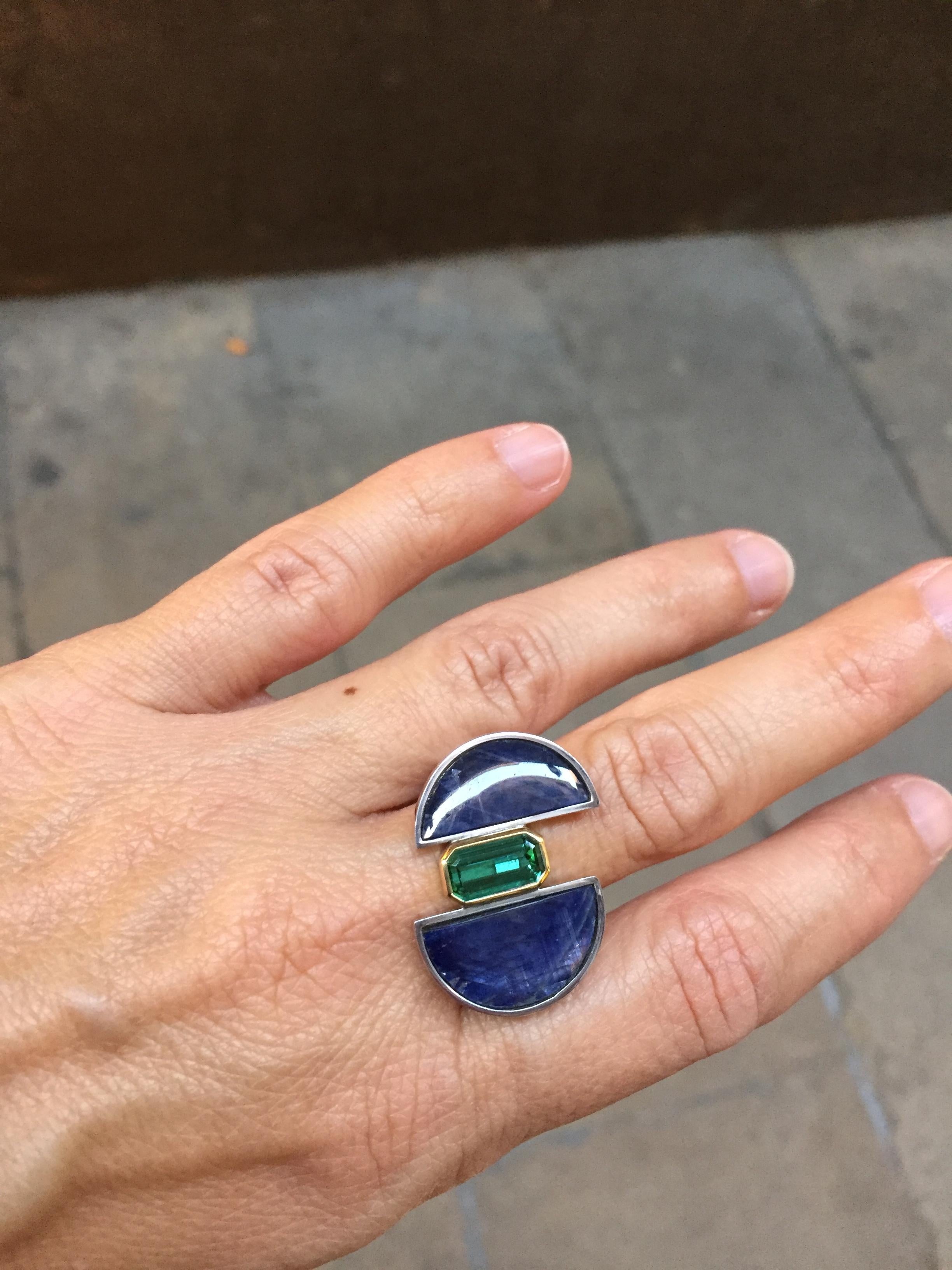 Women's Sterling Silver Yellow Gold Sapphire and Green Tourmaline cocktail Ring