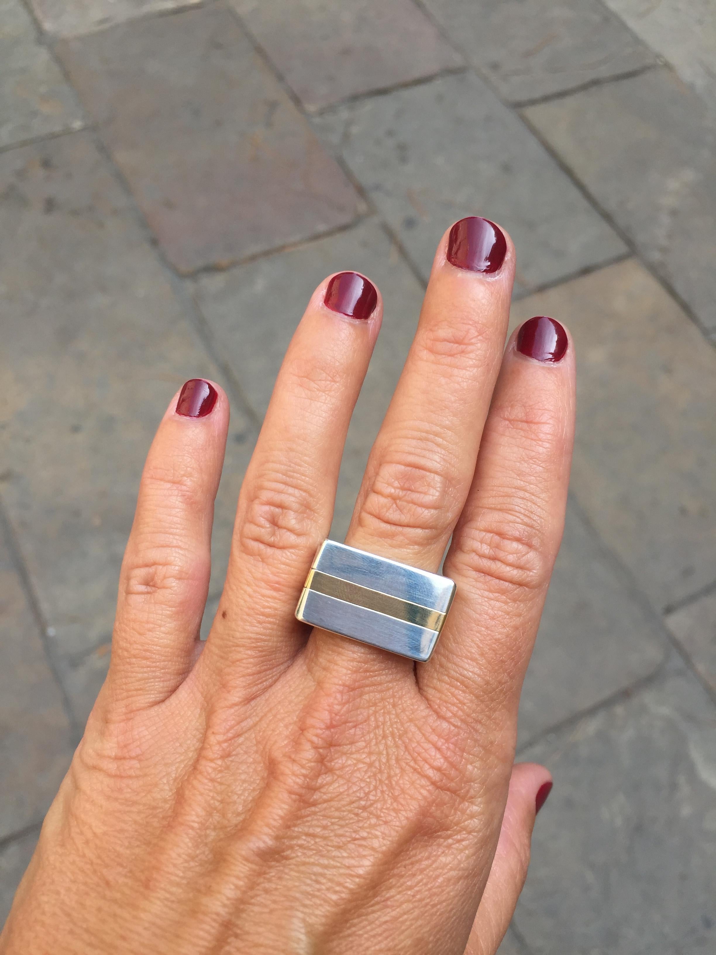 Contemporary Sterling Silver and Yellow Gold Sculptural minimalist Square Ring