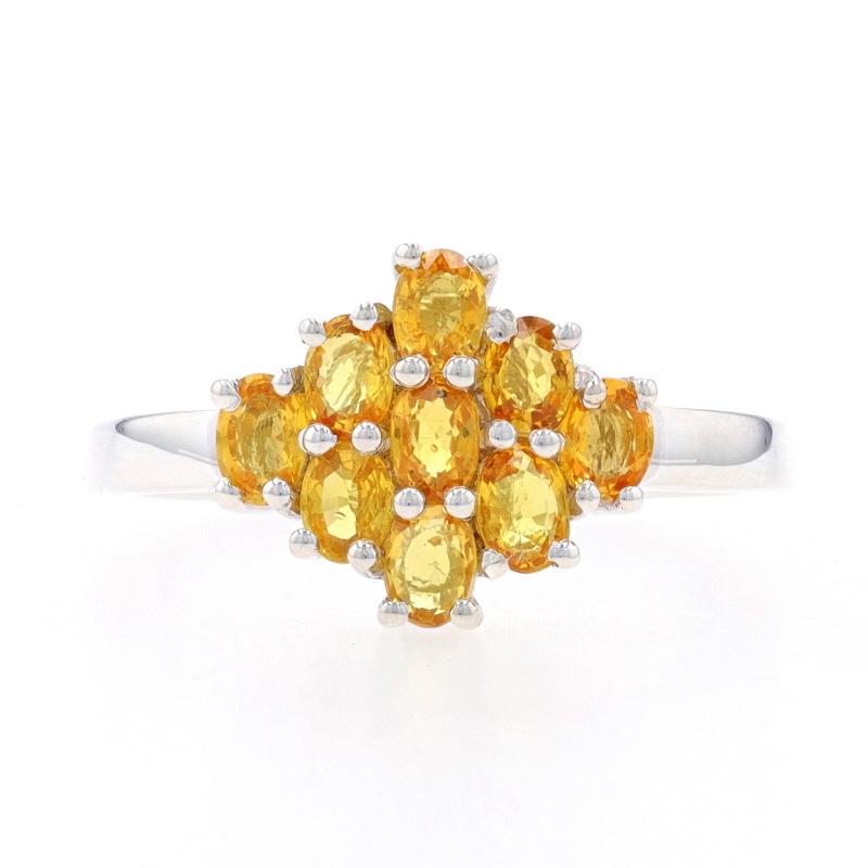 Size: 9 1/4
Sizing Fee: Up 2 sizes for $30 or Down 3 sizes for $30

Metal Content: Sterling Silver

Stone Information

Natural Sapphires
Treatment: Diffusion
Carat(s): 1.10ctw
Cut: Oval
Color: Yellow

Total Carats: 1.10ctw

Style: Cluster