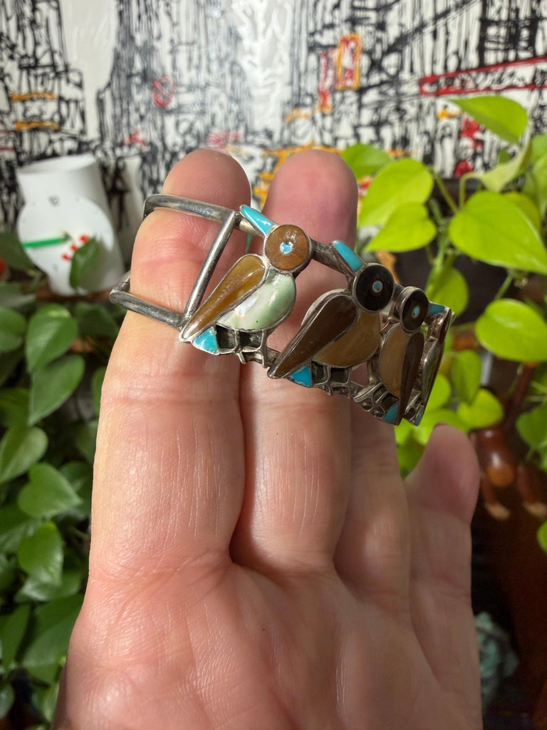 Sterling silver Zuni Bird Inlaid Cuff Bracelet, 1970s Pawn Native