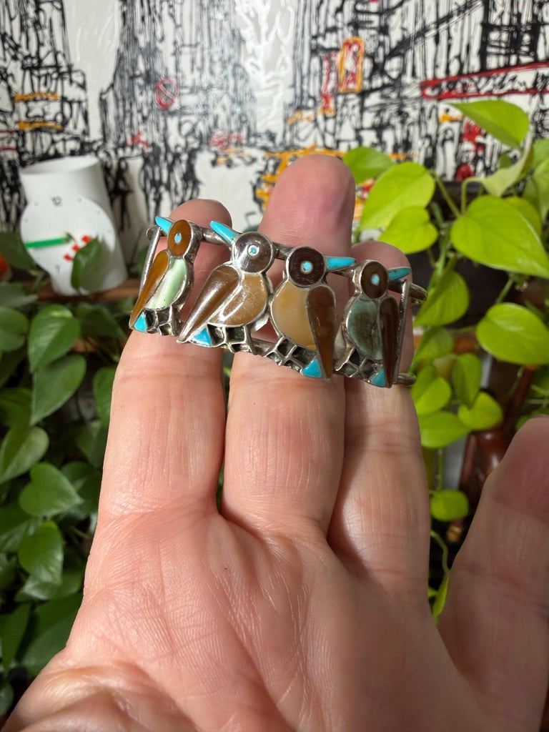 Sterling silver Zuni Bird Inlaid Cuff Bracelet, 1970s Pawn Native