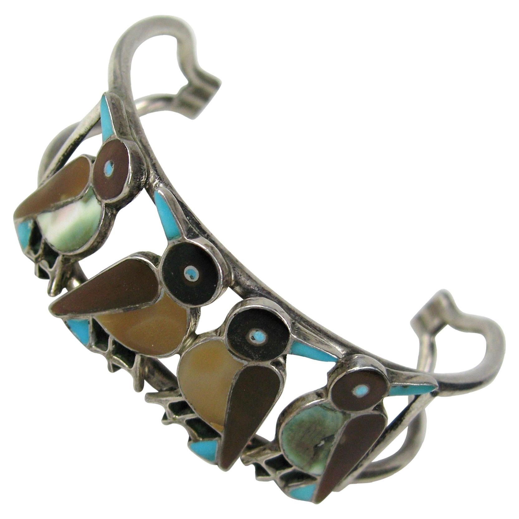 Sterling silver Zuni Bird Inlaid Cuff Bracelet, 1970s Pawn Native American 