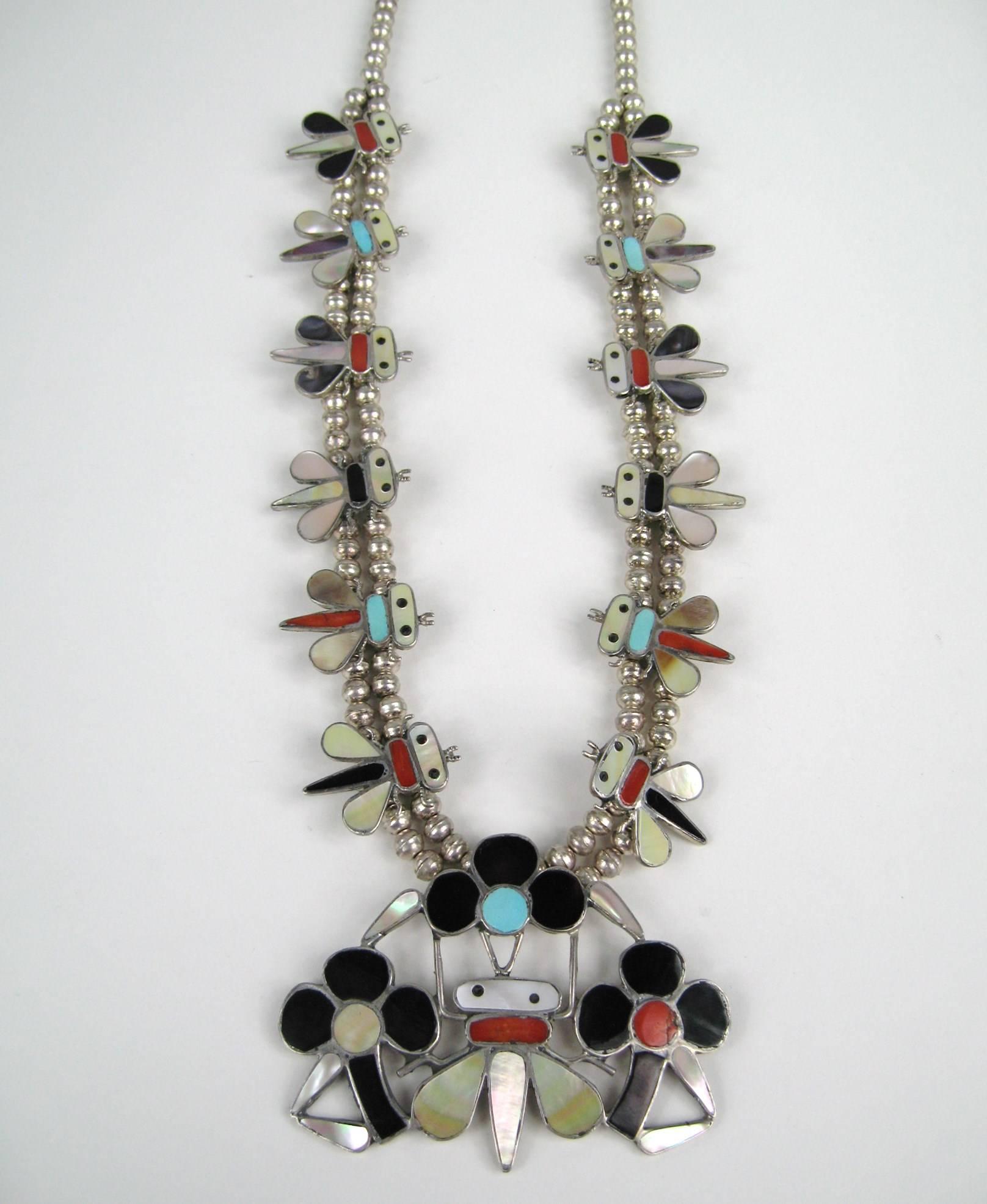 Native American Sterling Silver Zuni Bumble Bee Squash Blossom Necklace 1975 Tanner Chaney