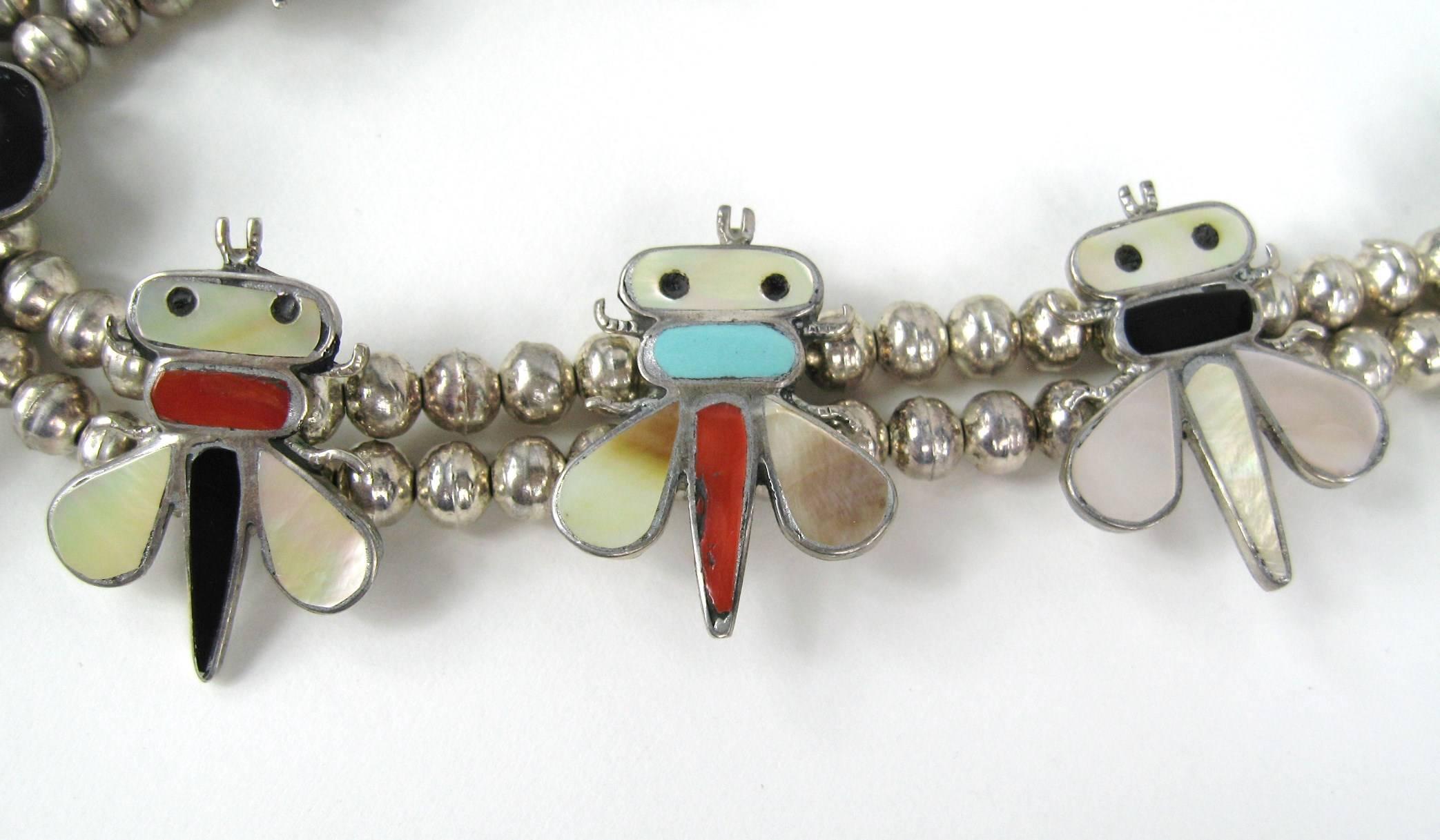 Sterling Silver Zuni Bumble Bee Squash Blossom Necklace 1975 Tanner Chaney In Good Condition In Wallkill, NY
