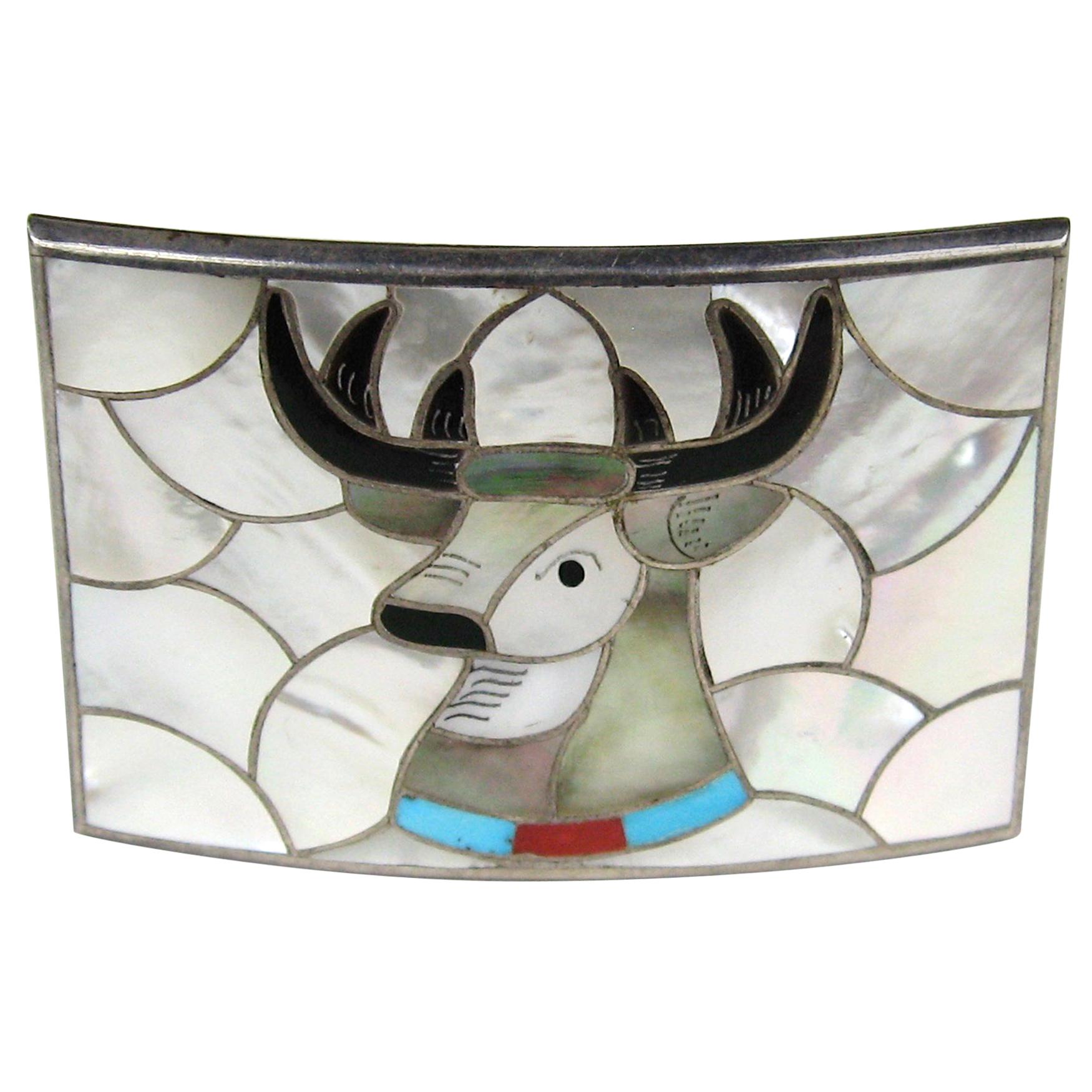 Boucle de ceinture Zuni Moose en argent sterling avec boucle INLAY PORFILIO ANN SHEYKA Native American en vente