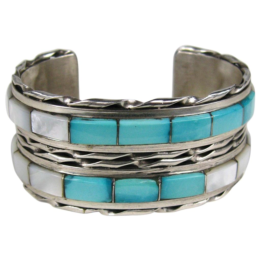 Sterling silver Zuni Mother of Pearl & Turquoise Cuff Bracelet Native American 