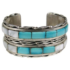 Zuni Bracelet manchette amérindien en argent sterling, nacre et turquoise