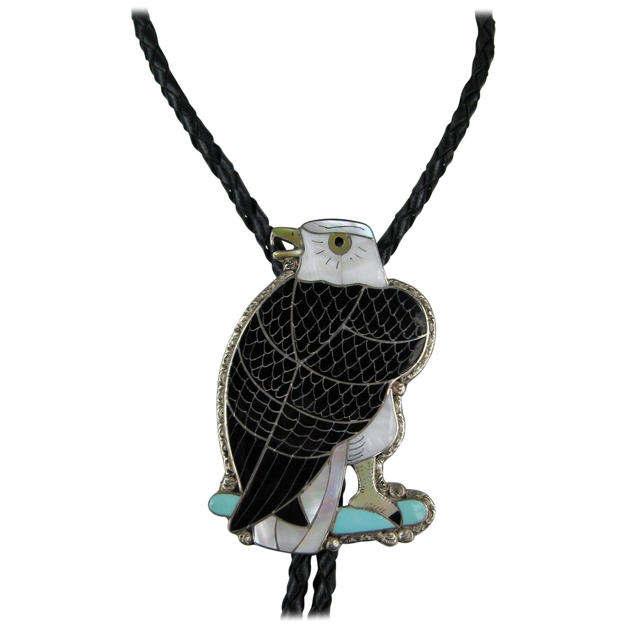 Sterling Silver Zuni Sheyka Eagle Bolo Tie Native American -Turquoise  For Sale