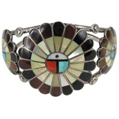 Vintage  Sterling Silver Zuni Sun Face Cuff Bracelet Native American 1960s