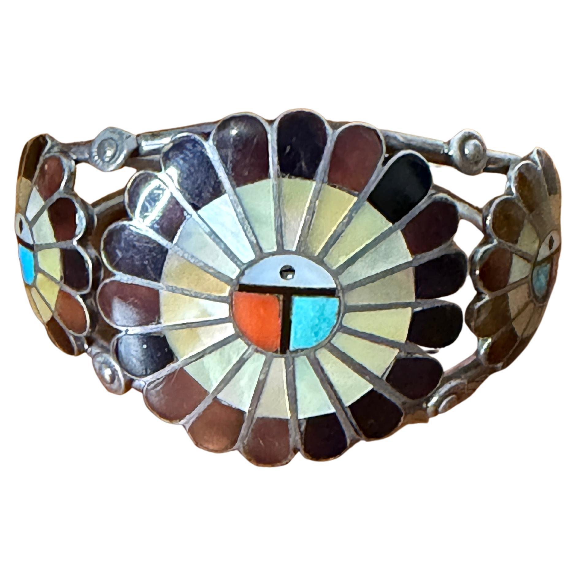 Sterling Silver Zuni Sun Face Cuff Bracelet Native American 1960s For Sale