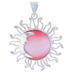 Sterling Simulated Pink Cat's Eye Crescent Moon & Sun Solitaire Pendant 925 Cab