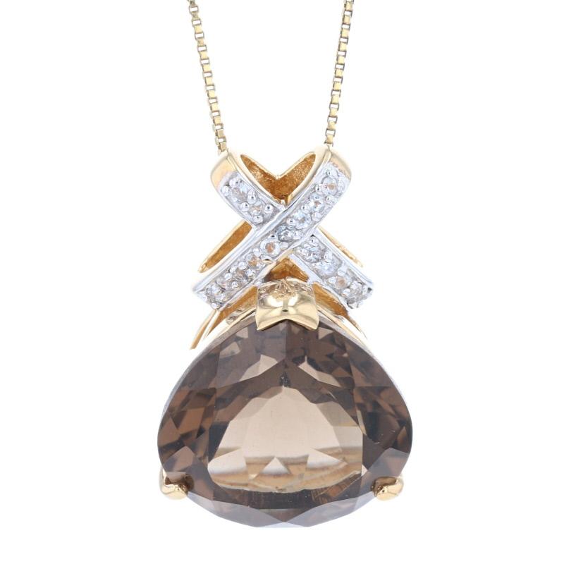 Metal Content: Sterling Silver (gold plated)

Stone Information
Natural Smoky Quartz
Carat(s): 14.55ct
Cut: Pear
Color: Brown

Natural White Topaz
Carat(s): .32ctw
Cut: Round

Total Carats: 14.87ctw

Chain Style: Box
Necklace Style: Chain
Fastening