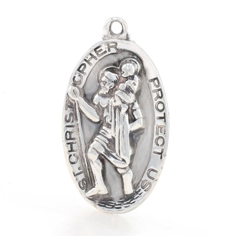 Metal Content: 925 Sterling Silver

Style: Faith Medal 
Theme: Saint Christopher, Protection 
Features:  Etched detailing on front with engravable back

Measurements

Tall (from stationary bail): 1 3/32