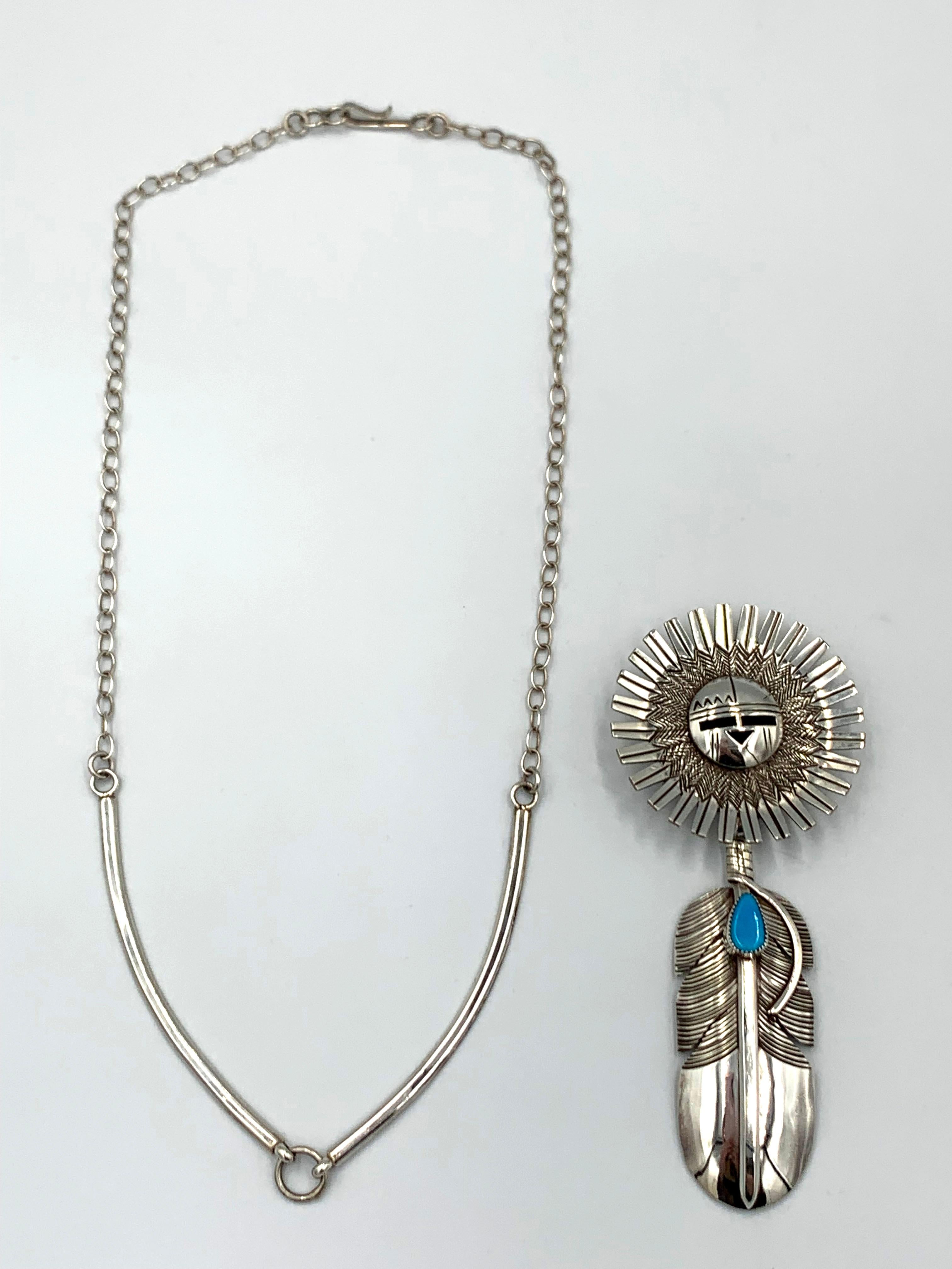 Collier/Broche Sunface and Feather de l'orfèvre Navajo Nelson Morgan en vente 5