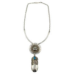 Sterling Sunface and Feather Necklace/Brooch by Navajo Silversmith Nelson Morgan