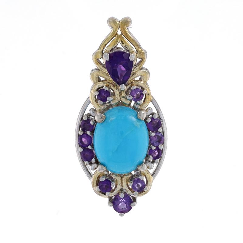 Metal Content: Sterling Silver (gold plated)

Stone Information
Natural Turquoise
Treatment: Routinely Enhanced
Color: Blue

Natural Amethysts
Color: Purple

Measurements
Tall: 1 3/16