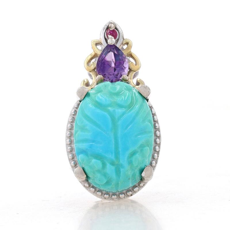 Metal Content: Sterling Silver (gold plated)

Stone Information
Natural Turquoise
Treatment: Routinely Enhanced
Color: Blue & Bluish Green

Natural Amethyst
Color: Purple

Natural Ruby
Treatment: Heating
Color: Pinkish Red

Theme: Flowers
Features: