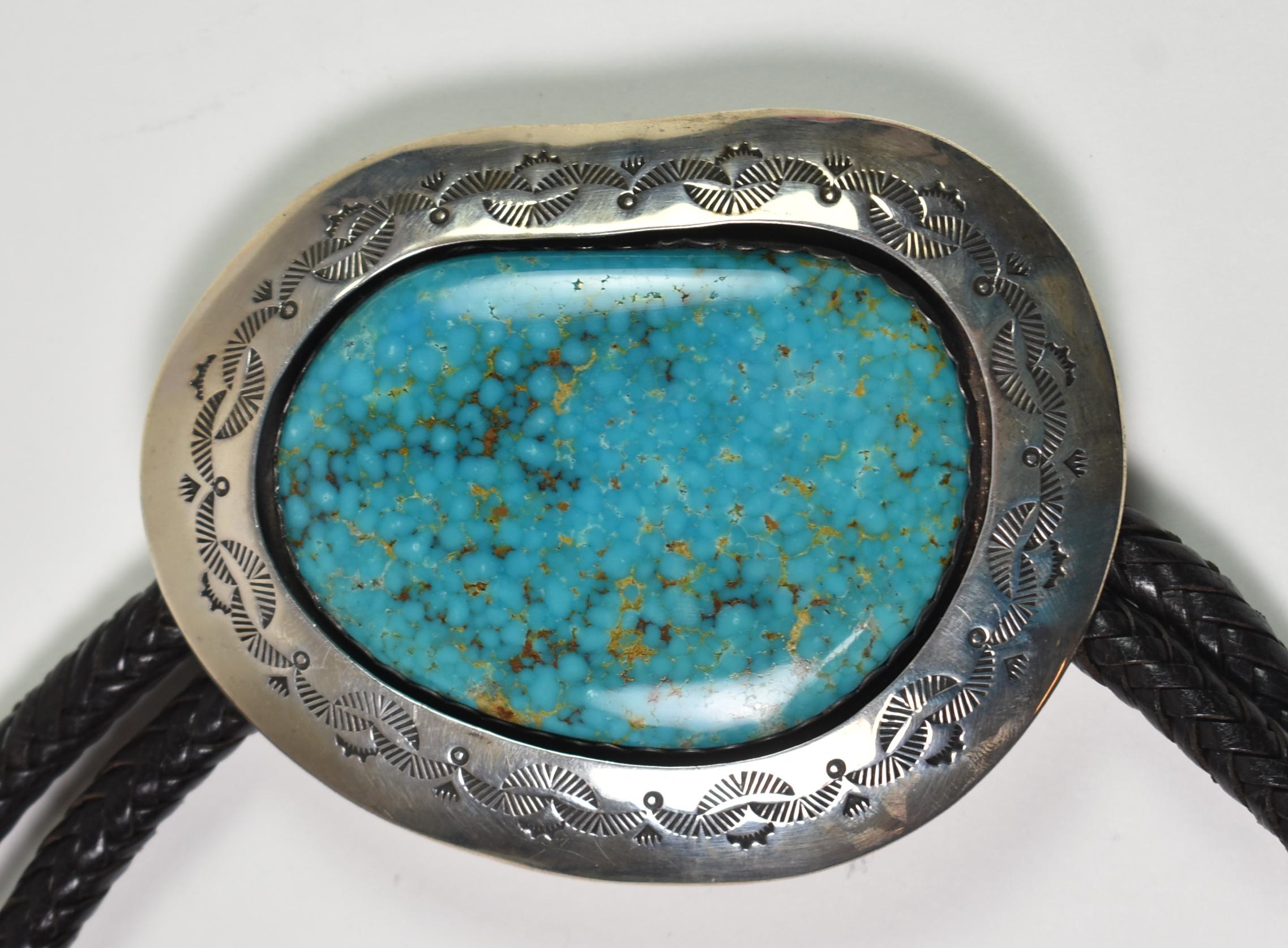 Sterling Turquoise bolo tie by Teddy Goodluck. Extra large Sterling Bolo. Beautiful stone that measures 2.5