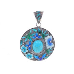 Sterling Türkis & Emaille Vintage Botanical Anhänger - 925 Schmetterling & Blumen Vintage