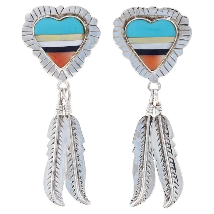 Sterling Turquoise, Mother of Pearl, Sugilite Feather Heart Dangle Earrings 925 For Sale