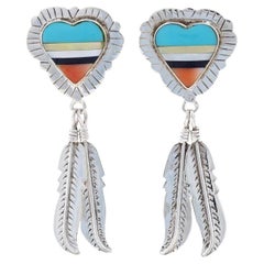 Sterling Turquoise, Mother of Pearl, Sugilite Feather Heart Dangle Earrings 925