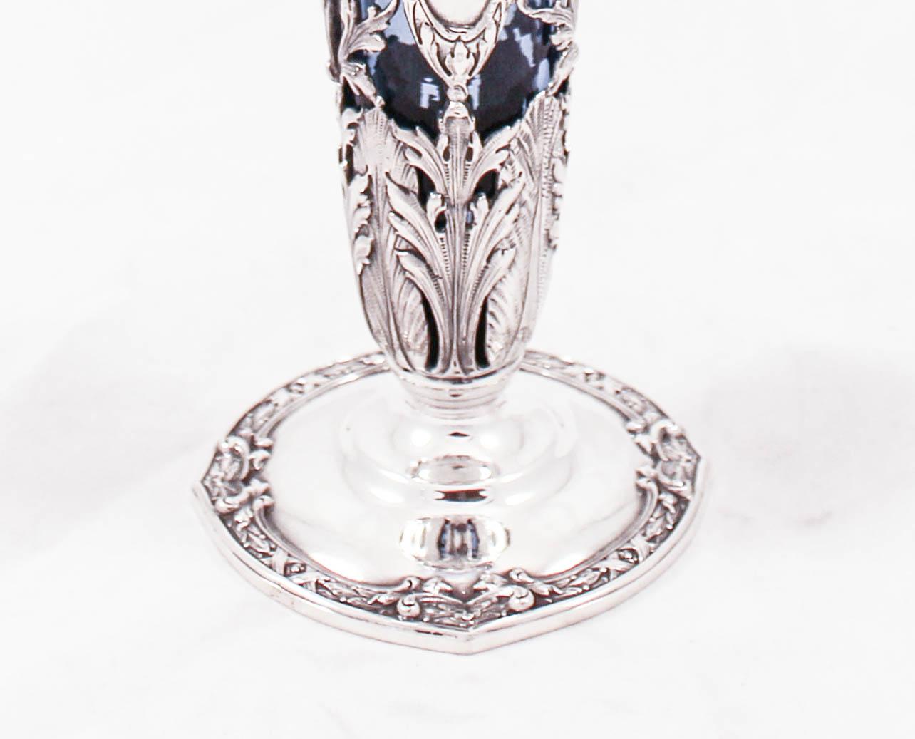 Sterling Vase with Blue Glass Liner In Excellent Condition In Brooklyn, NY