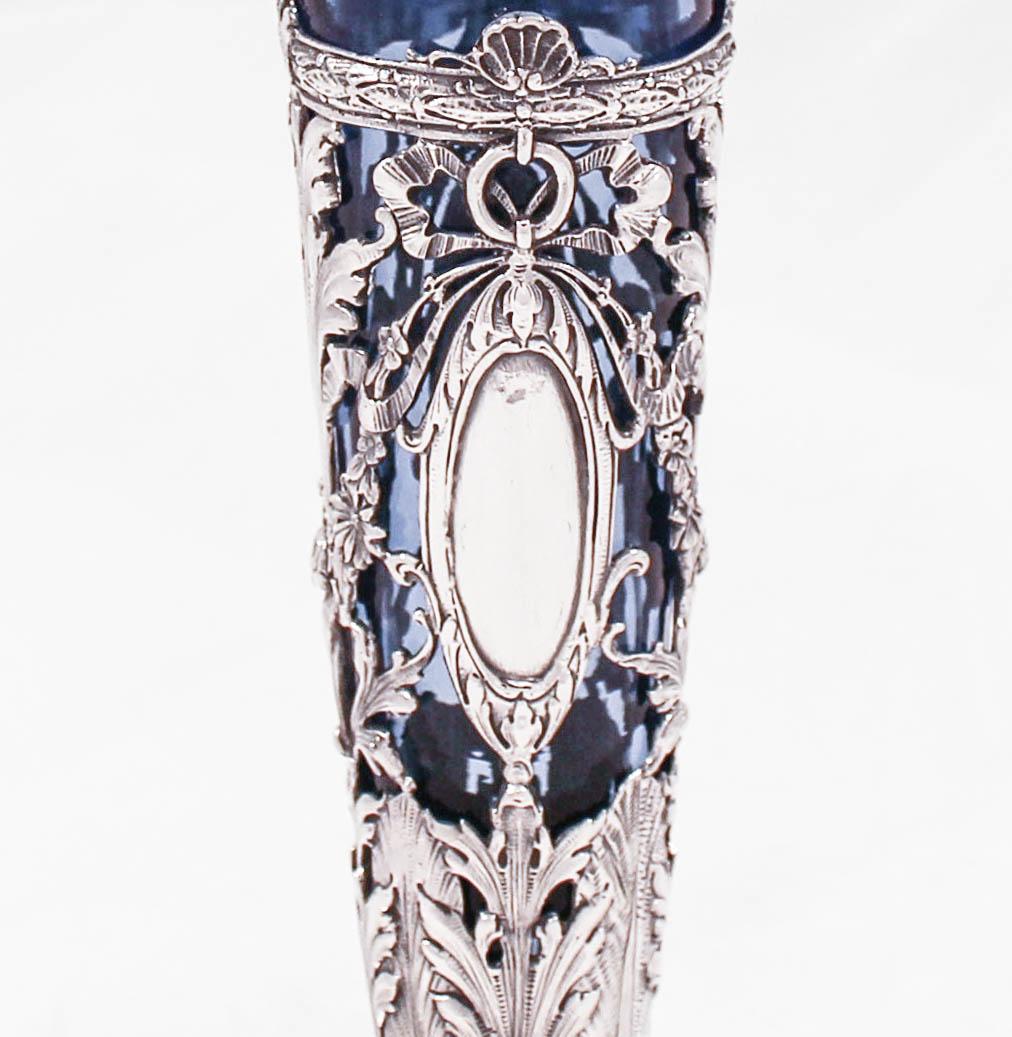 Early 20th Century Sterling Vase with Blue Glass Liner