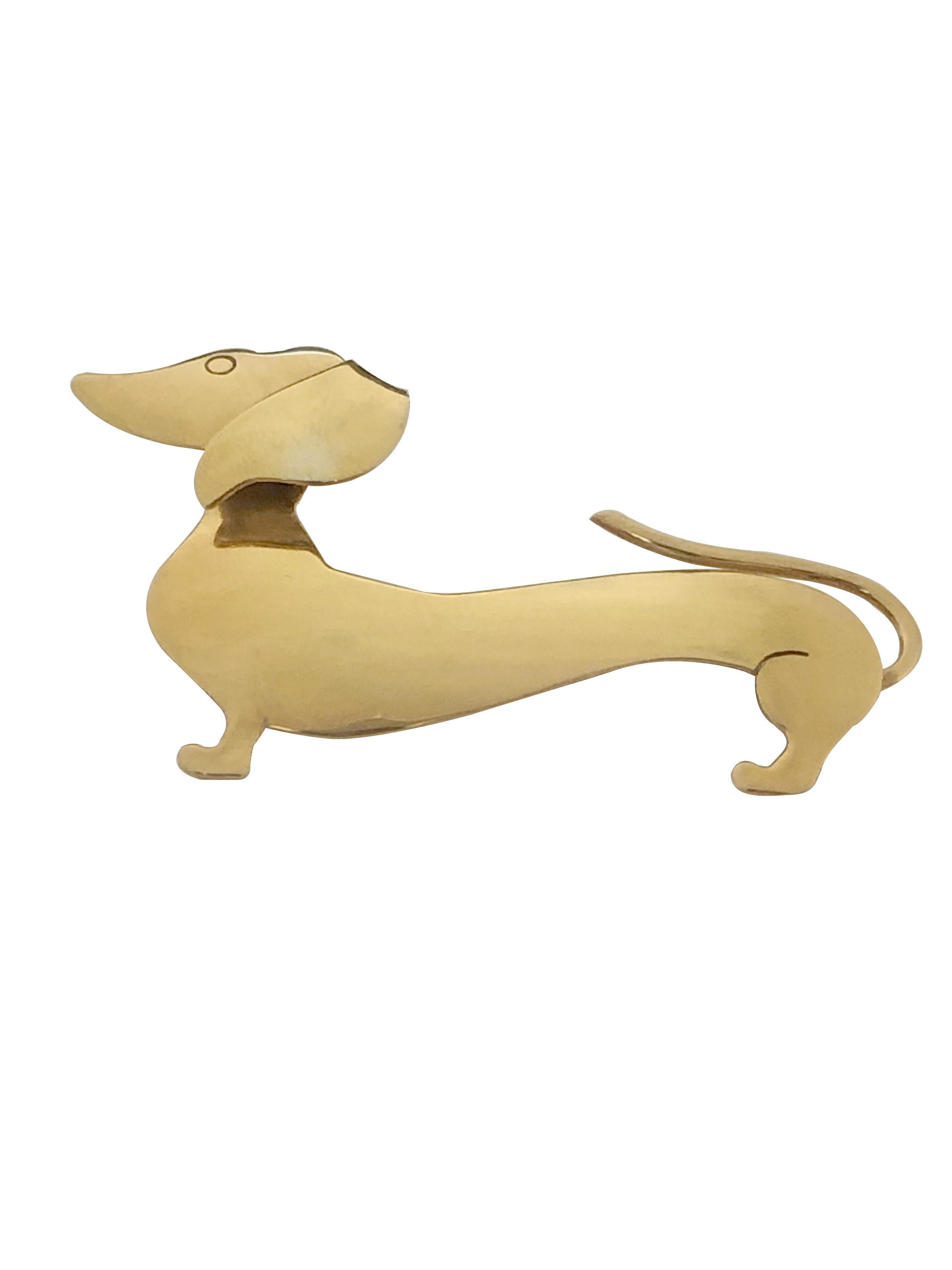 Circa 1960 Gold Wash Sterling Silver Dachshund Dog pin by ORB, measuring 2 1/8 inches in length X 1 1/2 inches. a Well made Whimsical Piece. 