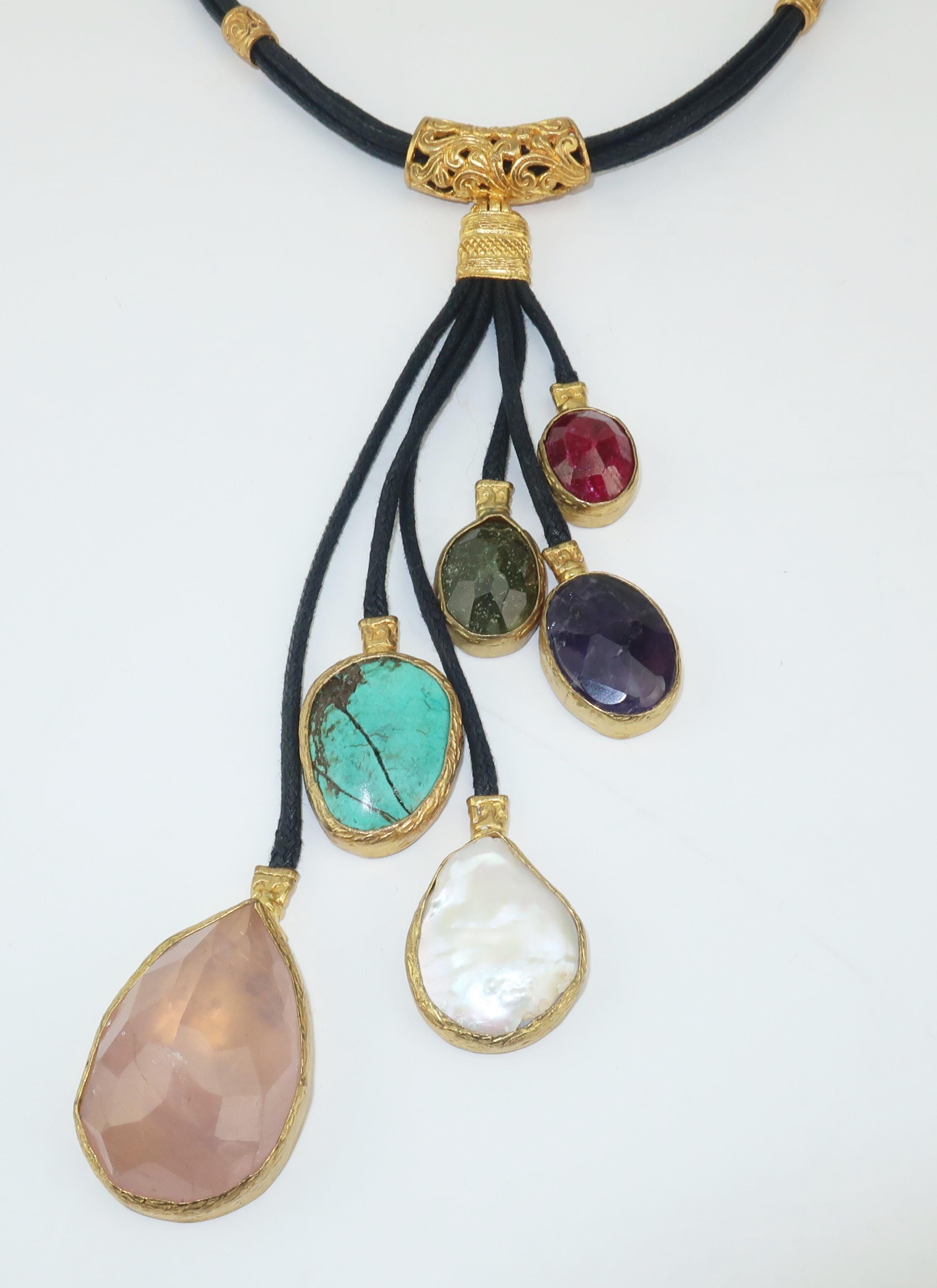 Sterling Vermeil & Semi Precious Stone Drop Necklace In Good Condition In Atlanta, GA
