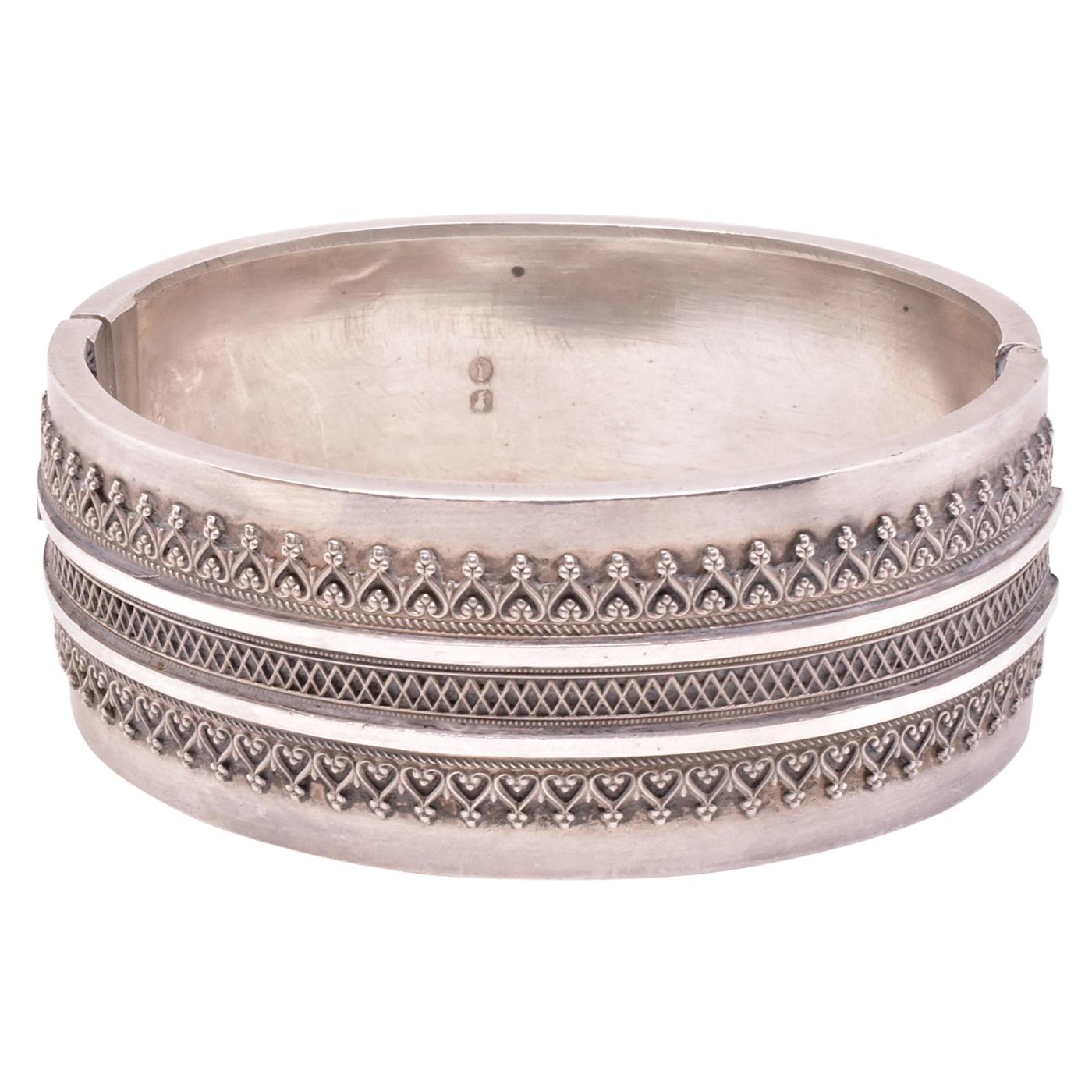 Sterling Victorian Bangle with Heart and Diamond Designs For Sale