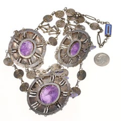 Sterling Vintage Amethyst and Enamel Bib Necklace, 925 Carved Cabochons