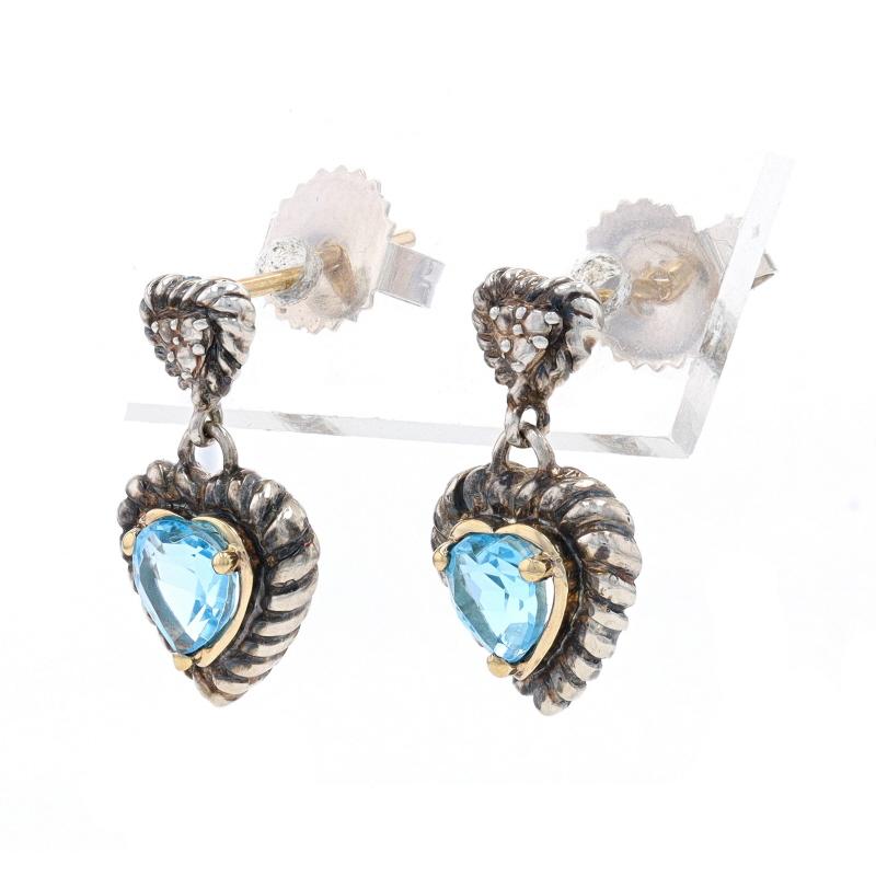 Heart Cut Sterling & Yellow Gold Blue Topaz Dangle Earrings 925 & 14k Heart .92ctw Pierced For Sale