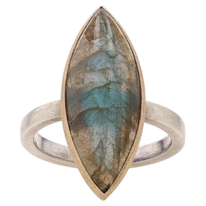 Sterling & Yellow Gold Labradorite Cocktail Solitaire Ring - 925 & 14k Marquise