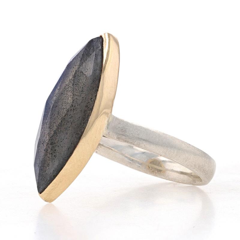 Marquise Cut Sterling & Yellow Gold Labradorite Cocktail Solitaire Ring 925 18k Rose Marquise For Sale