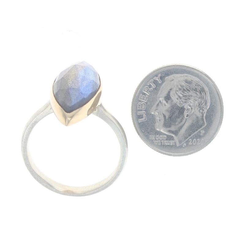 Women's Sterling & Yellow Gold Labradorite Cocktail Solitaire Ring 925 18k Rose Marquise For Sale