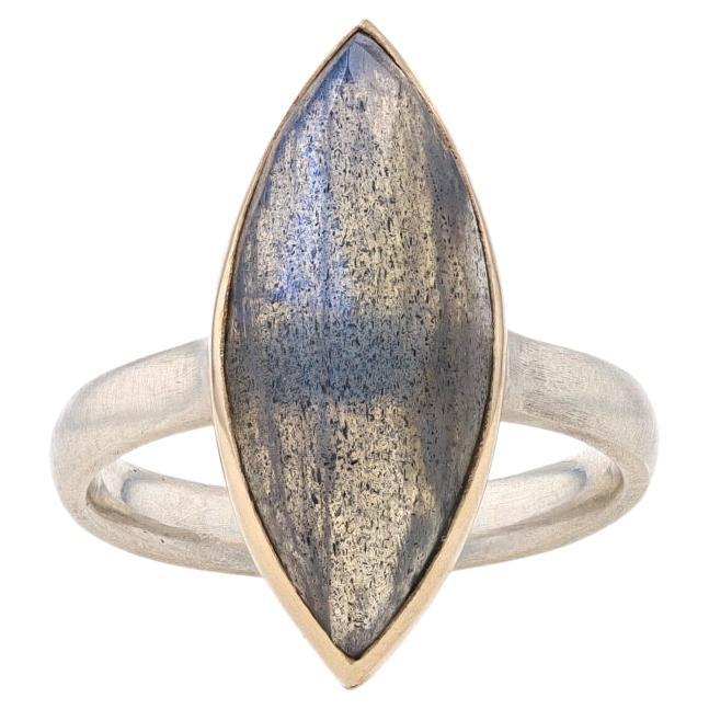 Sterling & Yellow Gold Labradorite Cocktail Solitaire Ring 925 18k Rose Marquise For Sale