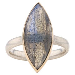 Sterling & Yellow Gold Labradorite Cocktail Solitaire Ring 925 18k Rose Marquise