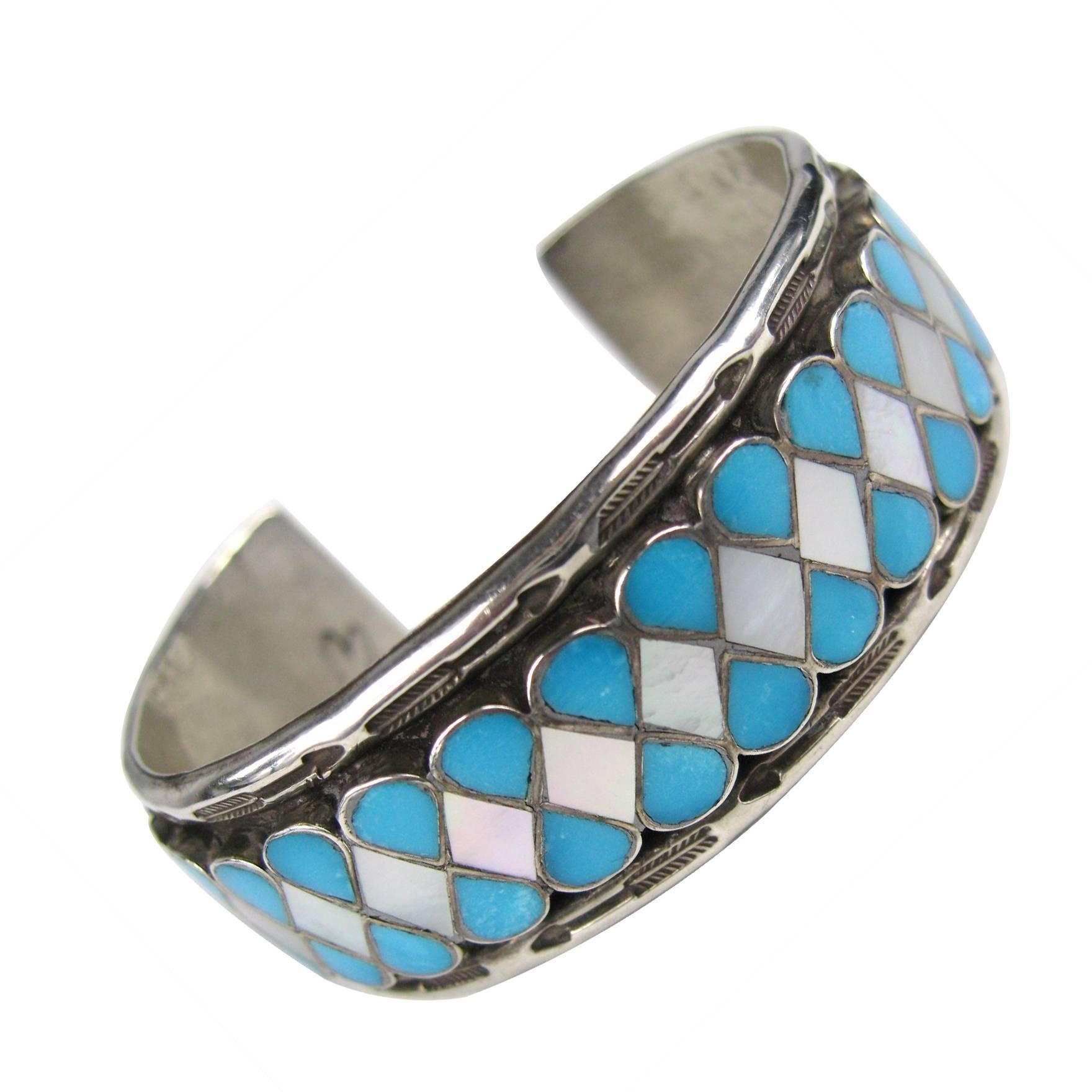 Tumbled Sterling Zuni Cuff bracelet Teardrop Inlaid Turquoise For Sale
